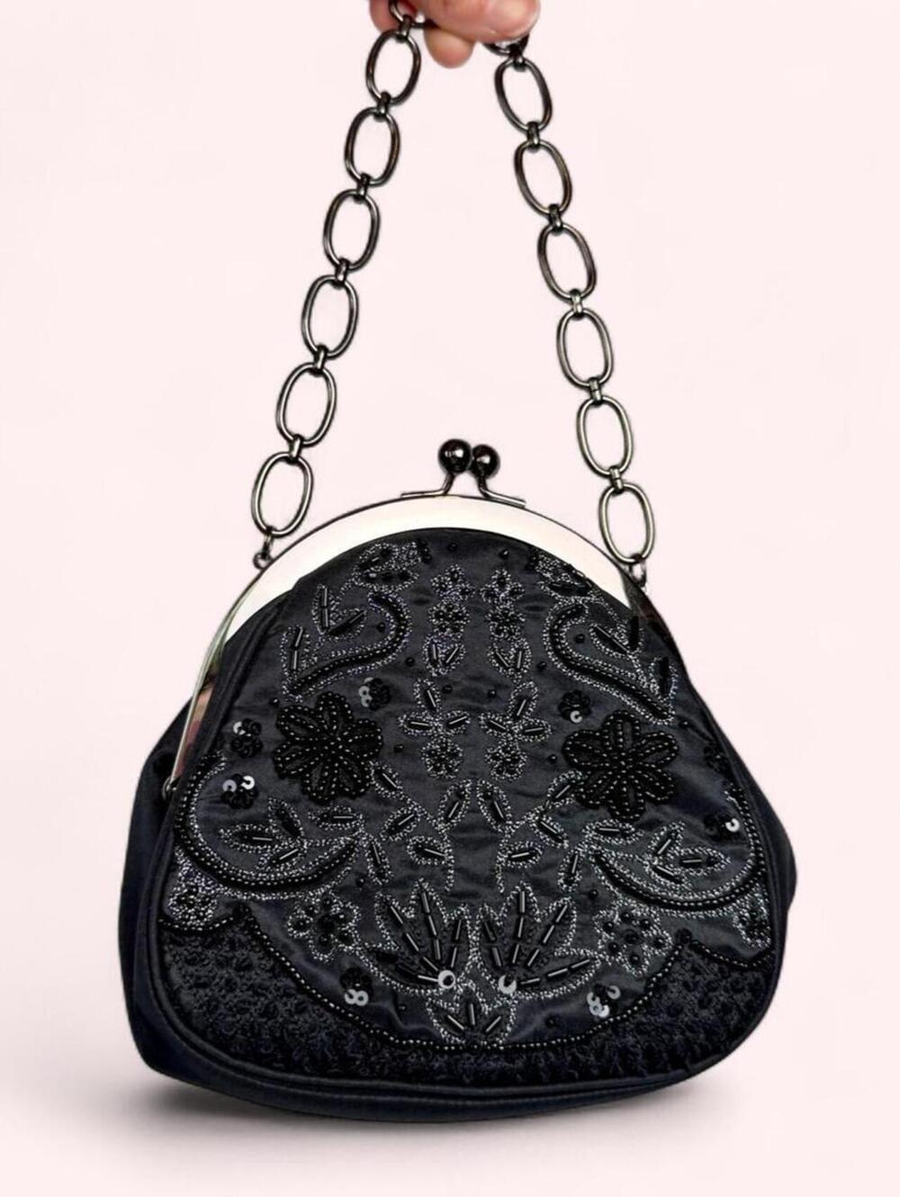 Black beaded purse with silver floral embroidery and chain